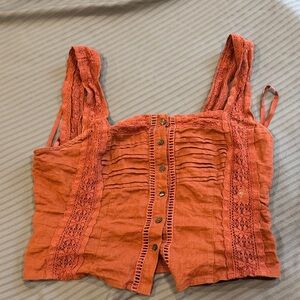 Free People Orange Lace Button-Up Crop Top